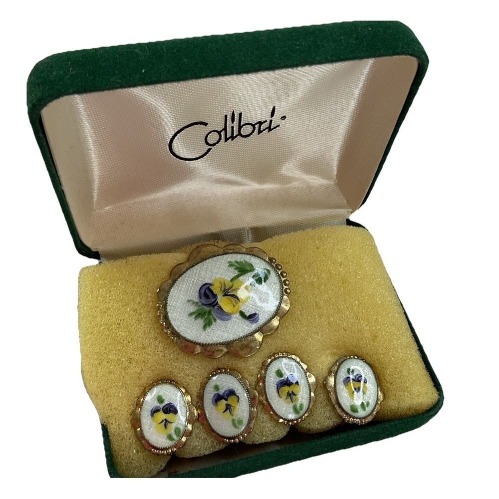Colibri Cameo Floral Brooch Pin Earrings Set Gold Tone Yellow Blue 5pc Vintage